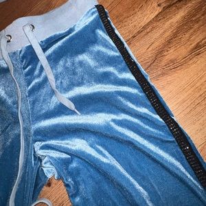 Blue velour rhinestone tracksuit bottoms